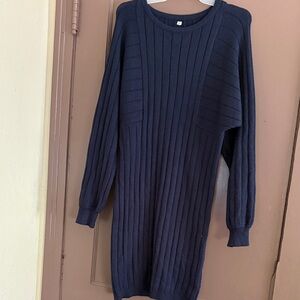 Navy Blue Ribbed Knit Sweater Dress Long Sleeve Crew Neck Dresses Casusl
